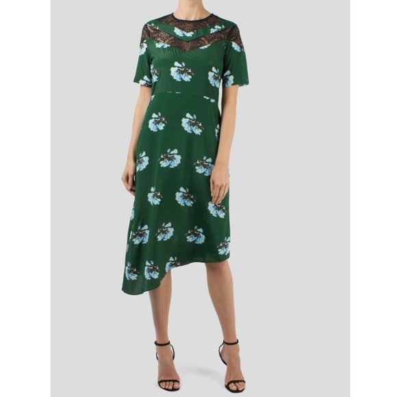 Maje Asymmetric Lace Trimmed Floral Print Silk Blend Dress - Picture 1 of 15
